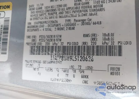 2020 Ford Mustang Ecoboost Premium z USA, uszkodzony, nr VIN 1FATP8UH9L5120626